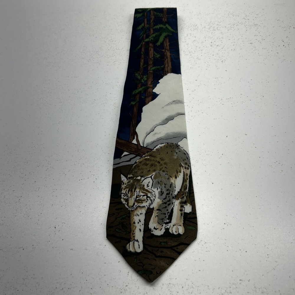Vintage 1991 WWF World Wildlife Fund Lynx 100% Silk Crepe Necktie Tie